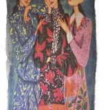 sjaal met kunstafbeelding, drie vrouwen op sjaal, mooie kwalitiet sjaal, kunstzinnige sjaal.